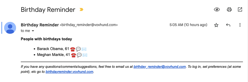 Birthday reminder email